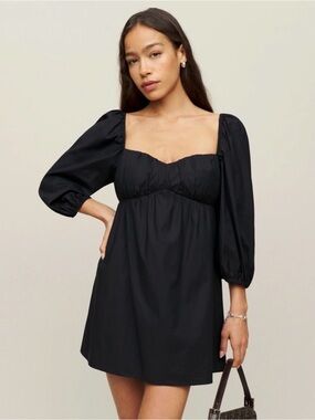 Reformation Black Square-Neck Mini Dress with Puff Sleeves